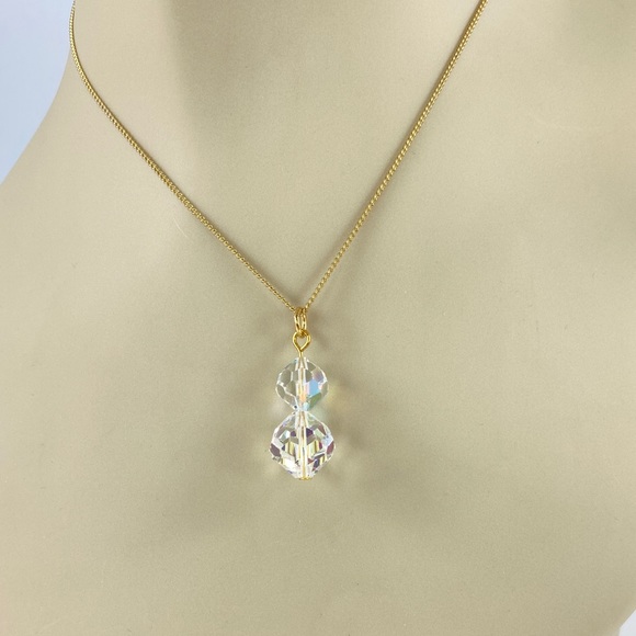 Artisan Jewelry - Aurora Borealis Clear Crystal Pendant Necklace, Handmade, Vintage Crystals